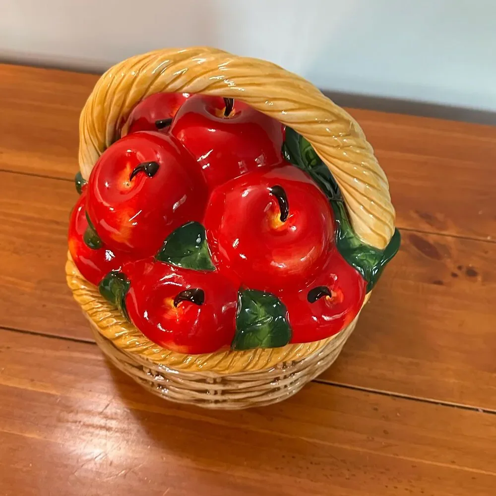 Vintage Ceramic Apple Basket Cookie Jar 1980s Hand Painted Fruit Canister Farmho